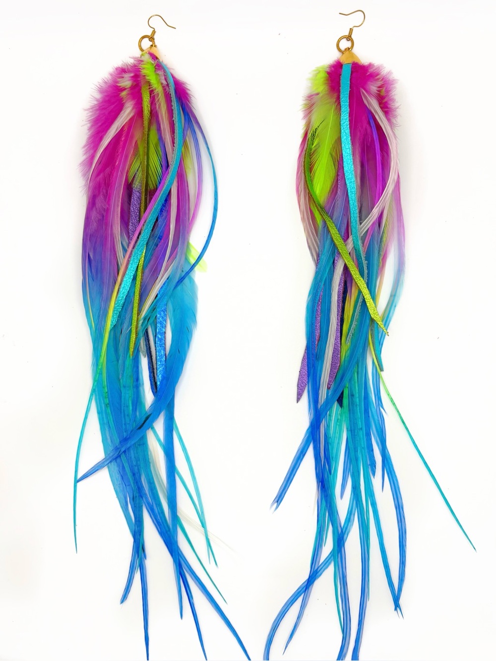 Extra Long Feather and Leather Earrings - Neon Rainbow